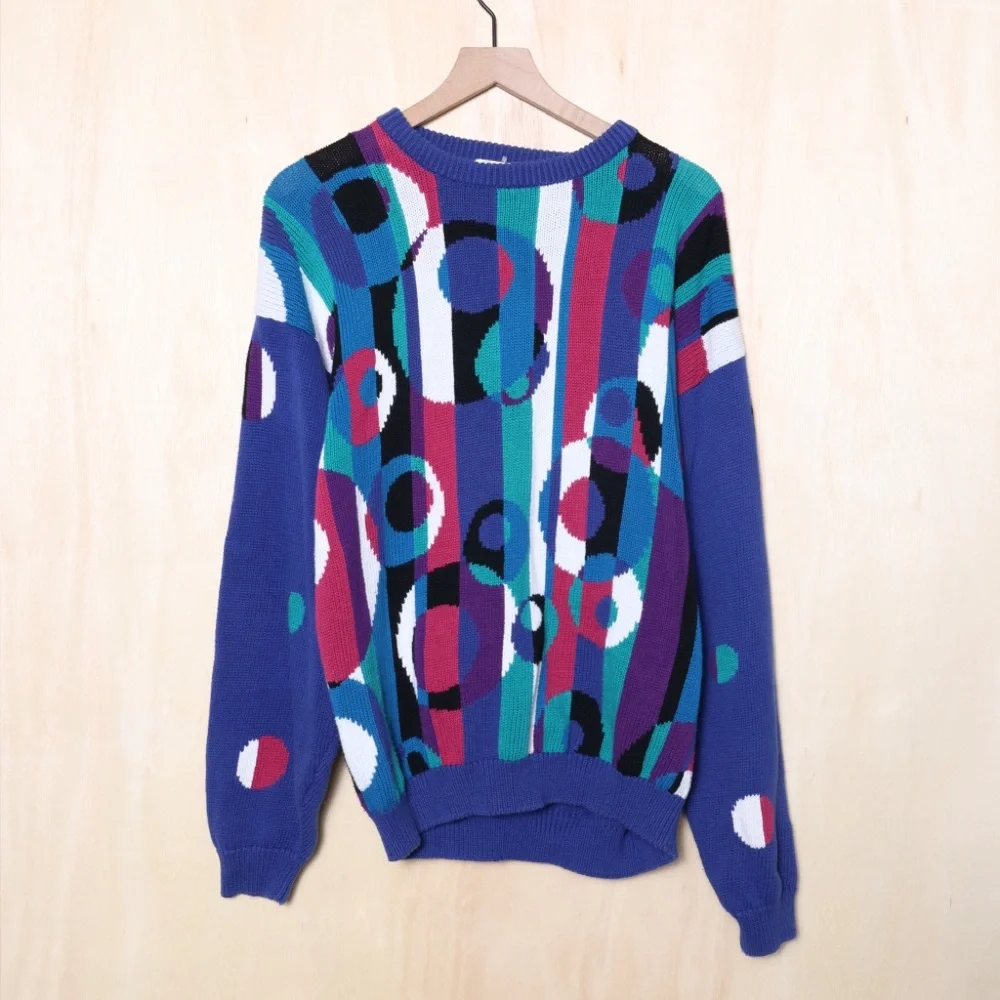 Vintage 1980s‎ Cocktail Olives Geometric Knit Crewneck Sweater Stanley Blacker L